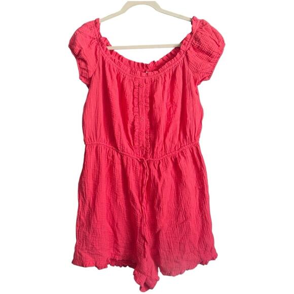 BP Pink Seersucker Off Shoulder Romper L Ruffle Trim Tie Waist Cotton - Picture 3 of 7